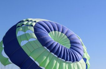parachute, sky, blue sky, flight, blue, nature, green